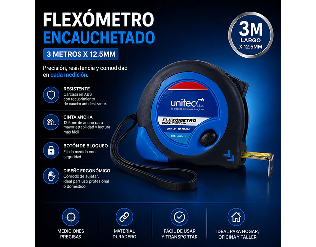 Flexómetro Cinta Metrica 3 Metros X 12.5mm Encauchetado Unitec