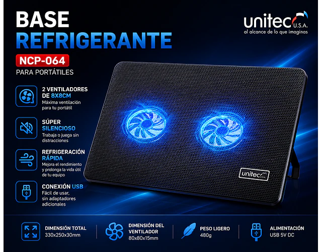 Base Refrigerante Portatil 2 Ventiladores Unitec Ncp-064