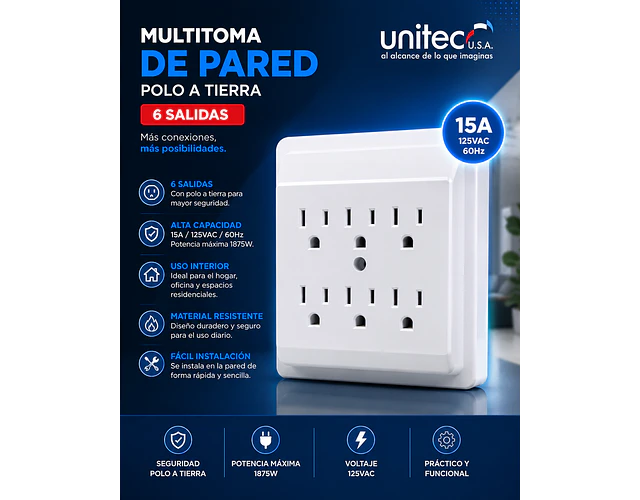 Multitoma Regleta De Pared 6 Salidas Polo A Tierra Unitec