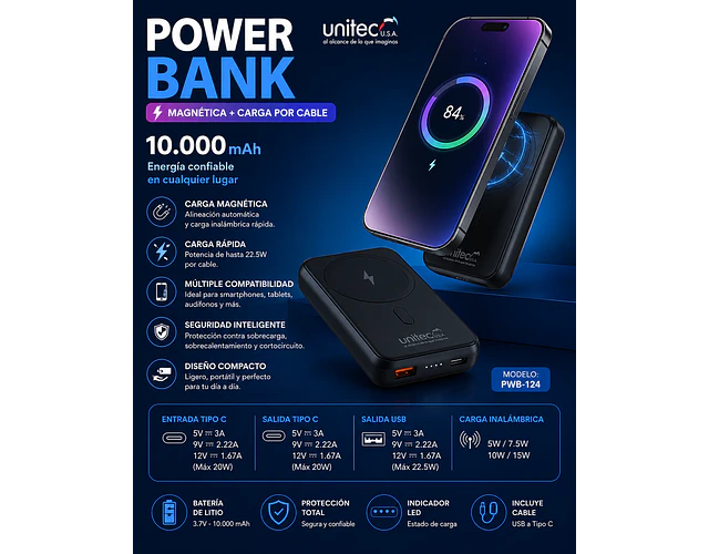 Power Bank Magnética + Carga Por Cable 10.000 Mah Unitec