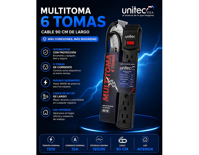 Multitoma Regleta 6 Salidas Cable De 90 Cm Negra Unitec