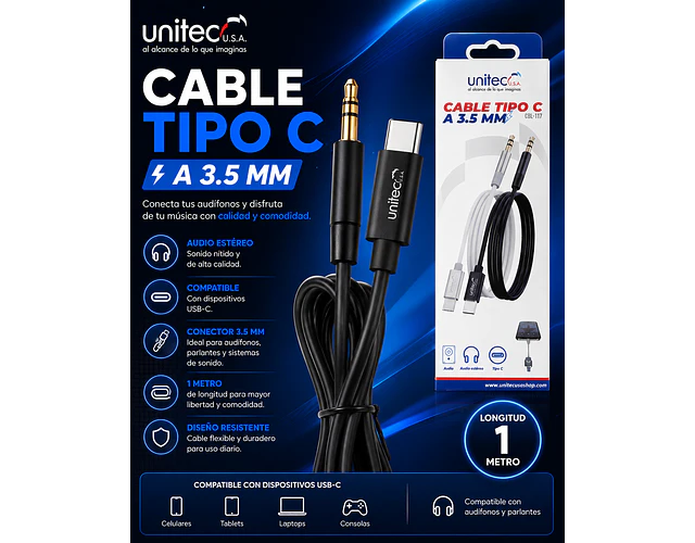 Cable Auxiliar Audio Tipo C A Jack 3.5mm 1 Metro Negro