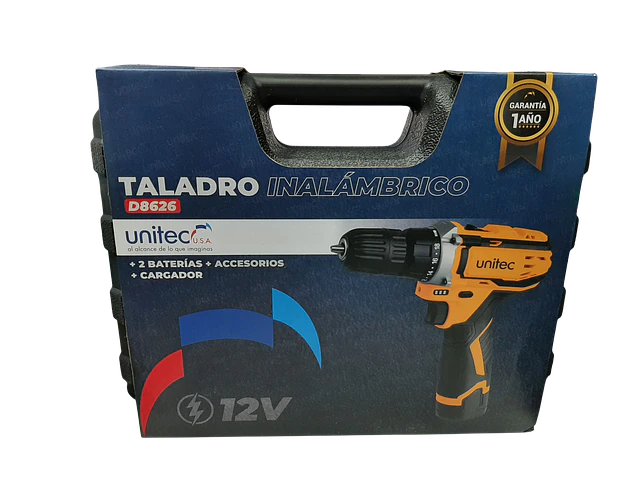 Kit Taladro Inalambrico Atornillador Unitec 12v 3/8'' 2 Baterias + 23 Accesorios