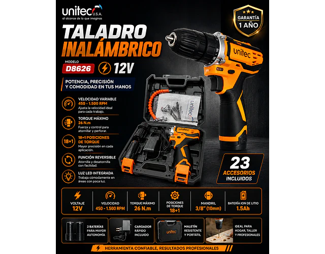 Kit Taladro Inalambrico Atornillador Unitec 12v 3/8'' 2 Baterias + 23 Accesorios
