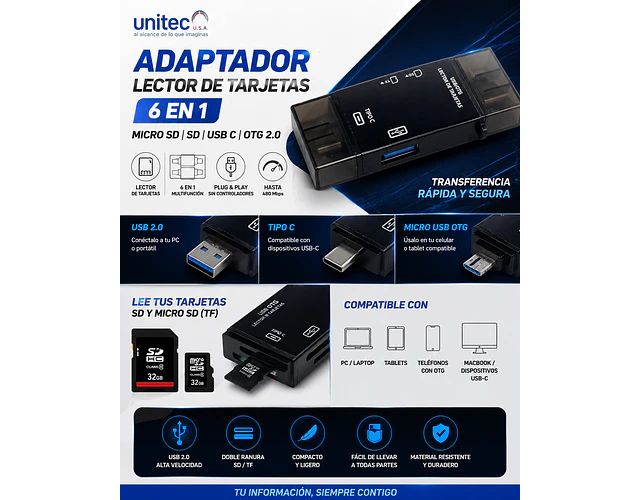 Adaptador Lector De Tarjetas 6 En 1 Micro Sd Sd Usb C Otg 2.0 Unitec