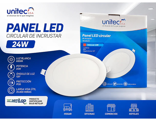 Panel Led Redondo Incrustar 24w Unitec Certificado Retilap