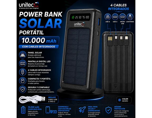 Power Bank Solar Portátil 10.000 Mah Con Cables Unitec