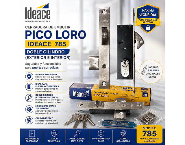 Cerradura Pico Loro De Embutir Doble Cilindro Gato 785