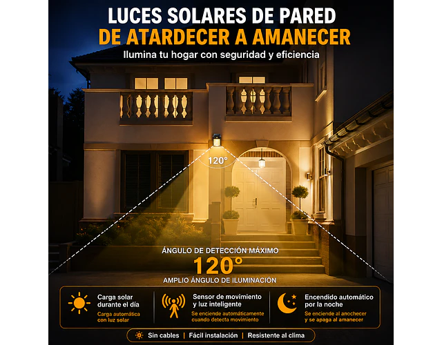 Lámpara Led Solar Aplique Pared Exterior Con Sensor De Movimiento 