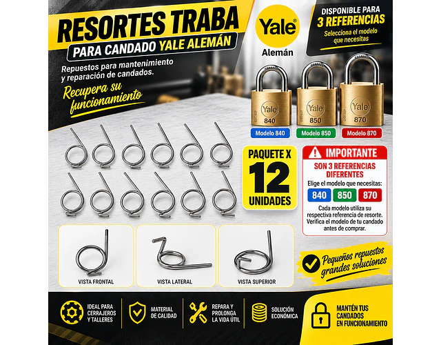 Resortes Traba Para Candado Yale Cerrajería Paquete X 12 Unidades