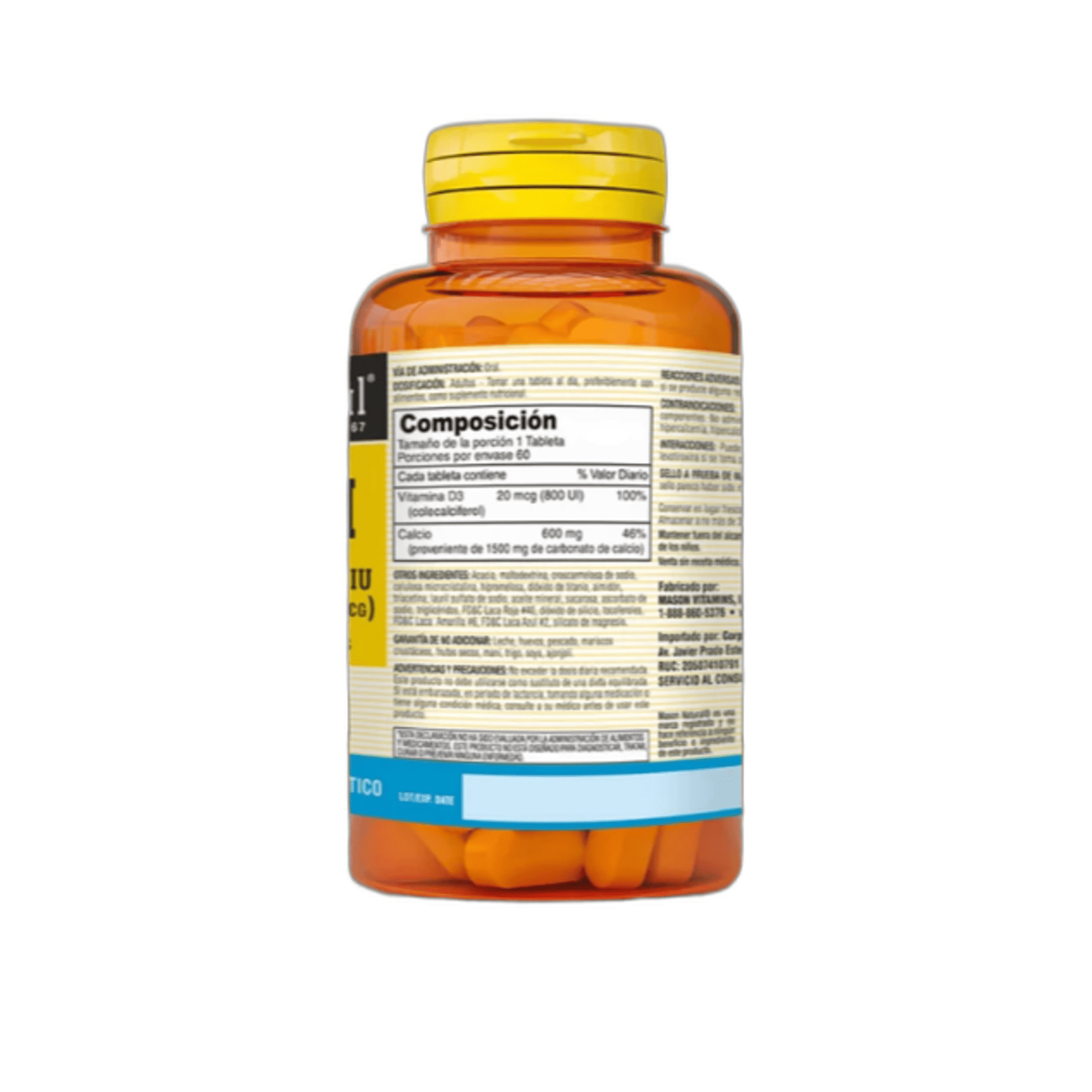 CALCIUM 600 MG + VITAMINA D3 800 ( 20 mcg ) - fco x 60 tab. - MASON - VENTA LIBRE - PROMOCION 3