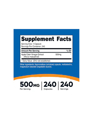 APPLE CIDER VINEGAR / vinagre de manzana 500 mg - fco x 240 cap.