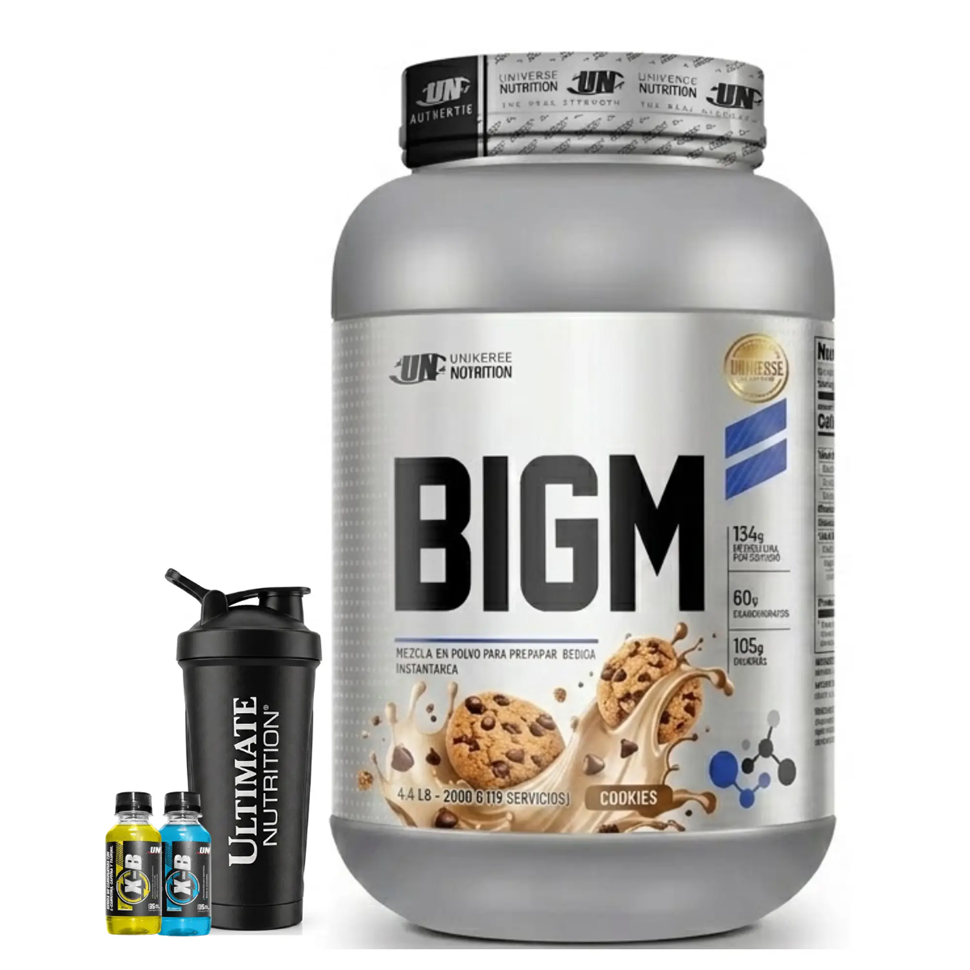 GANADOR DE MASA MUSCULAR CON PROTEINA BIGM UN 2 Kg pote COOKIES + REGALOS 1