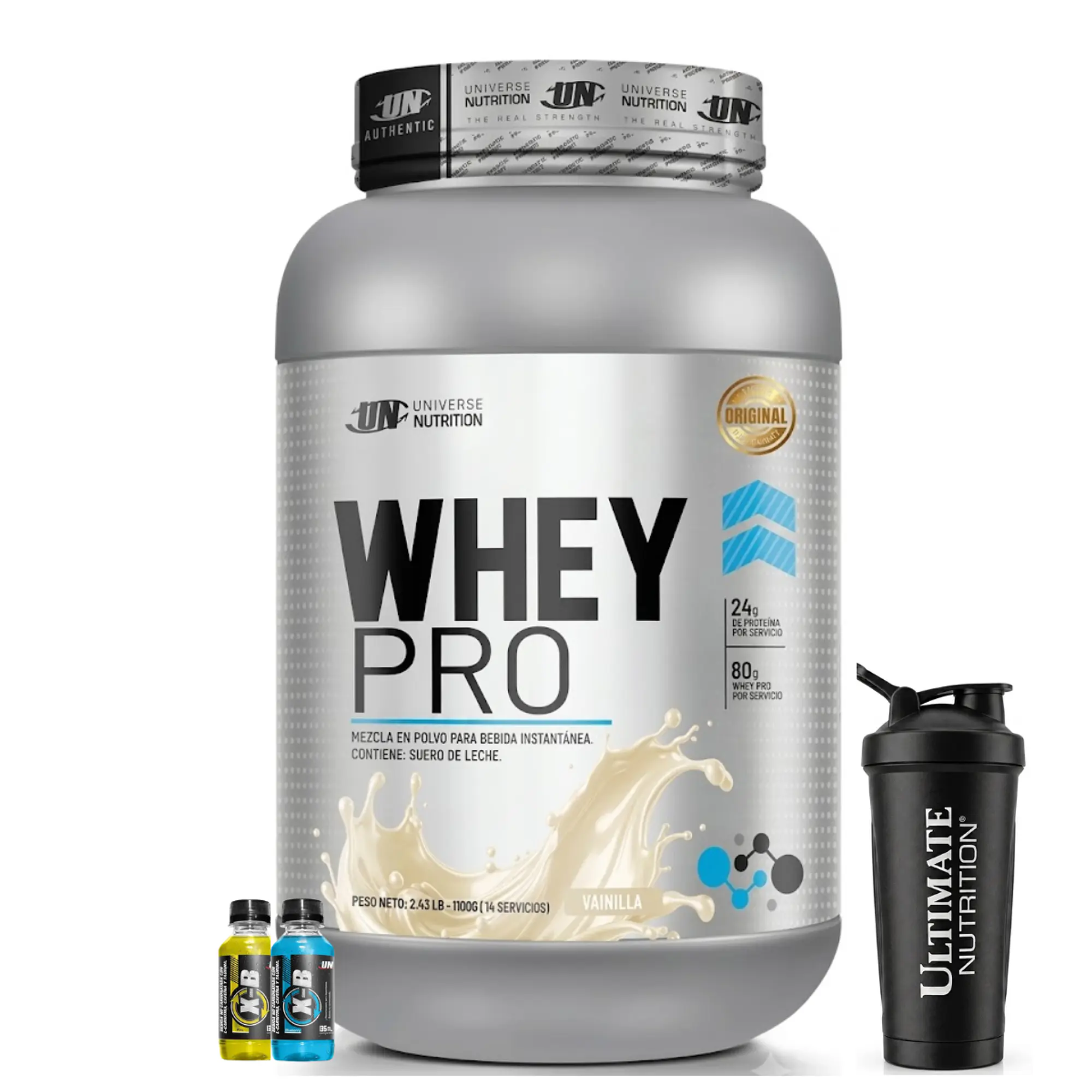 PROTEINA CON AUMENTO DE MASA MUSCULAR WHEY PRO UN 1100 g VAINILLA + REGALOS 1