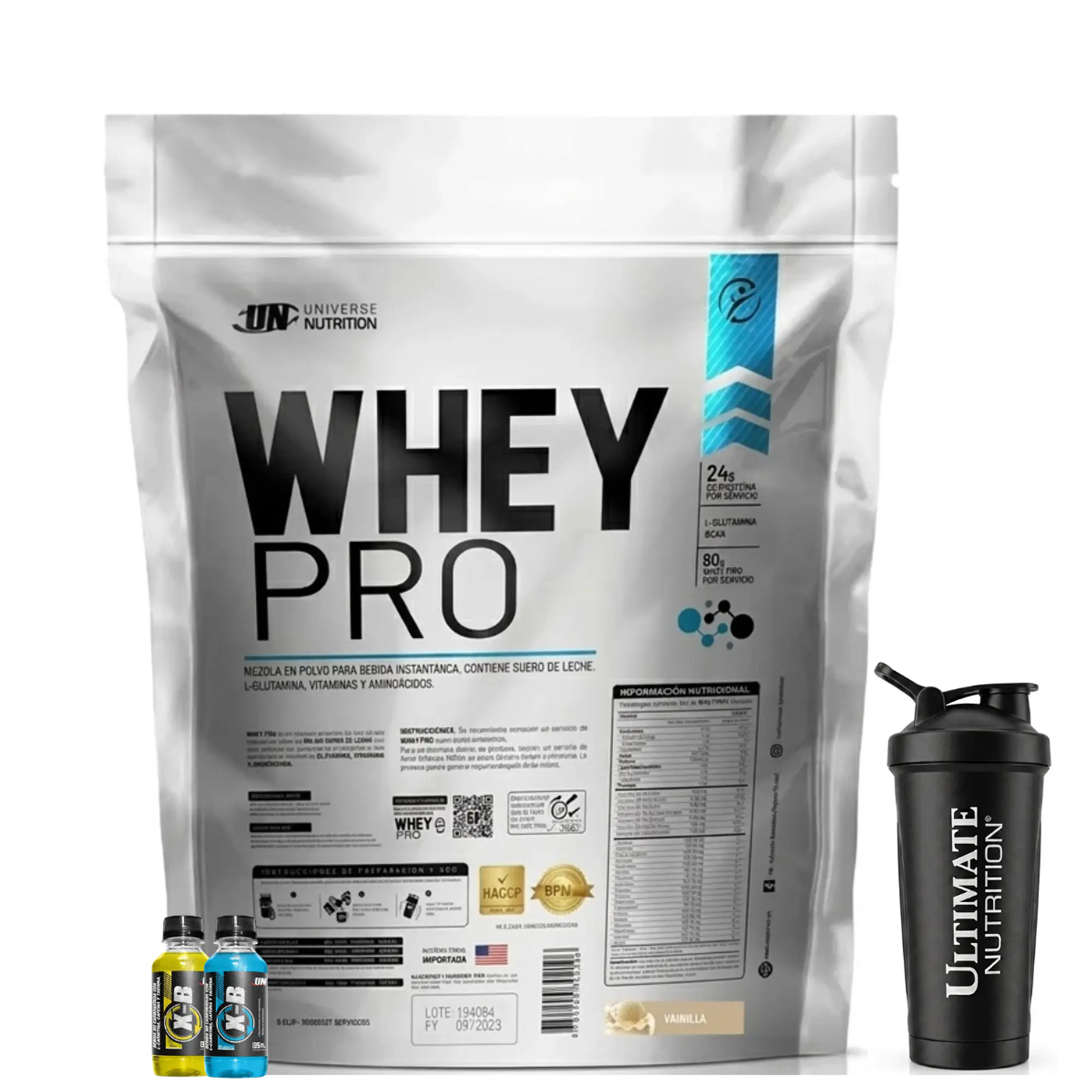 PROTEINA CON AUMENTO DE MASA MUSCULAR WHEY PRO UN 3 Kg SHAKER XB VAINILLA + REGALOS 1