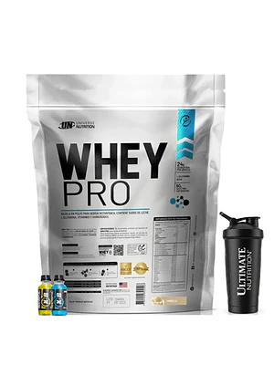 PROTEINA CON AUMENTO DE MASA MUSCULAR WHEY PRO UN 3 Kg SHAKER XB VAINILLA + REGALOS