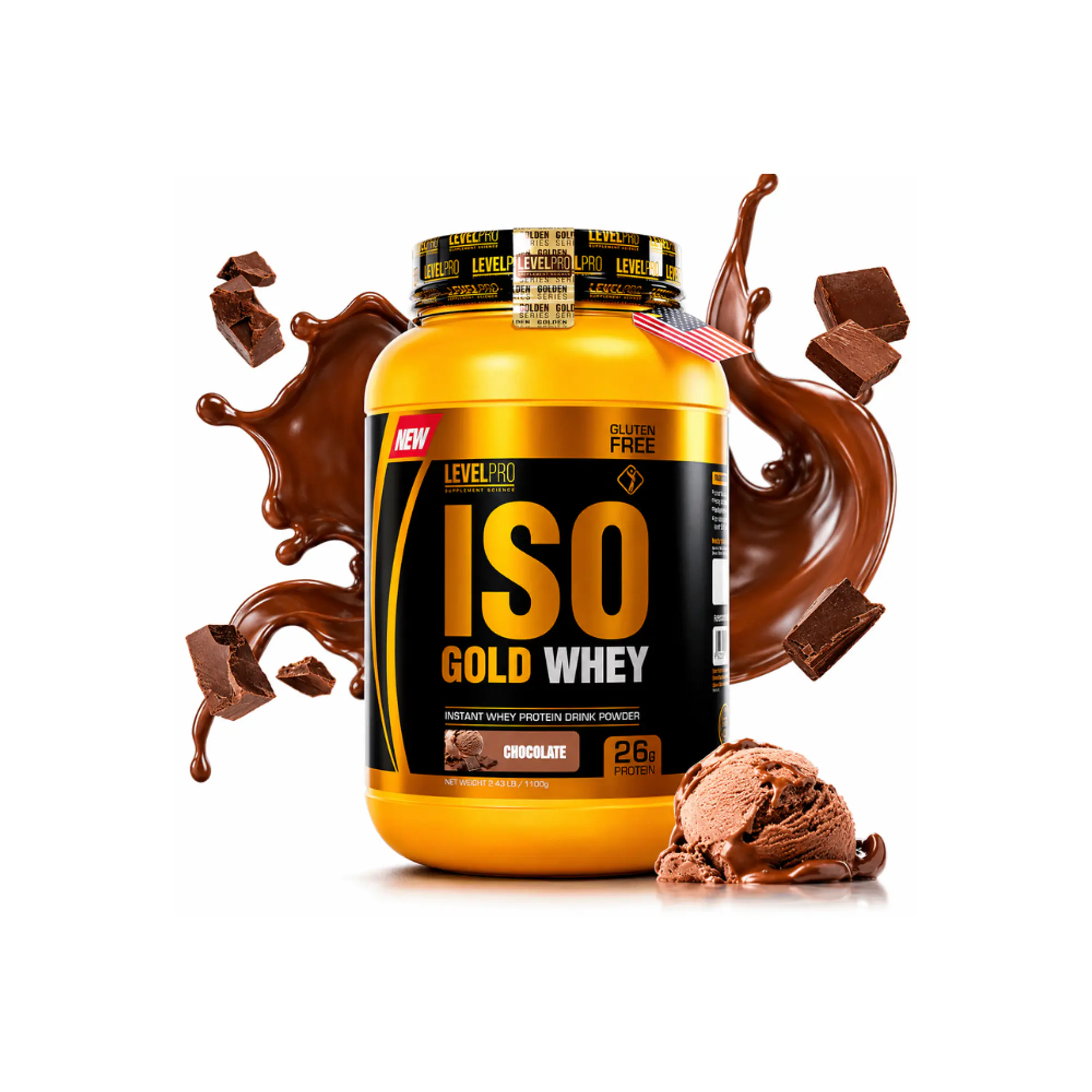 PROTEINA ISO GOLD WHEY x2.47lb  (1100 g) - LEVEL PRO  SABOR A CHOCOLATE 1