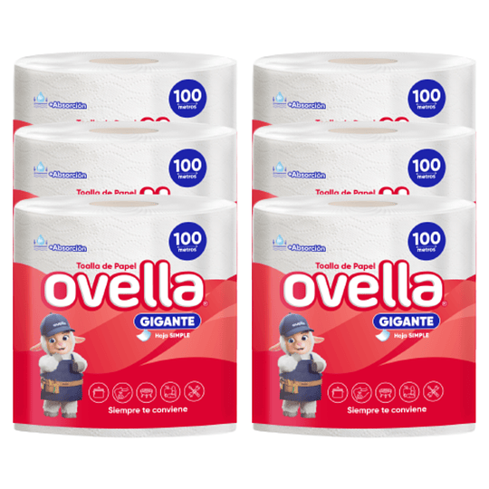 Toalla de Papel Ovella Gigante H/S - Manga de 6 Paquetes de 1 Rollo de 100 mts