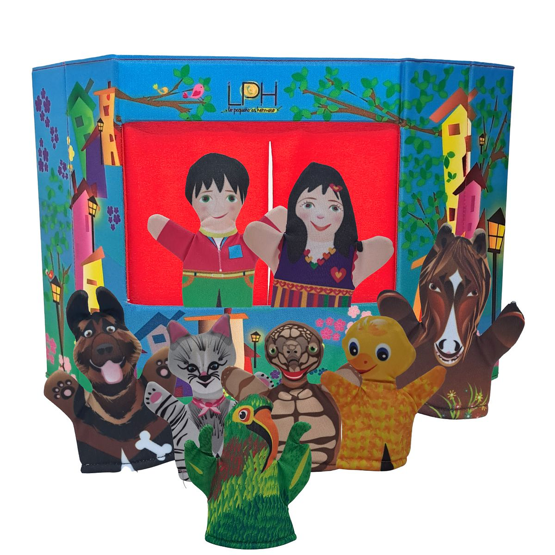 Mini teatro Ciudad con títeres dedo de Animalitos Domésticos 1