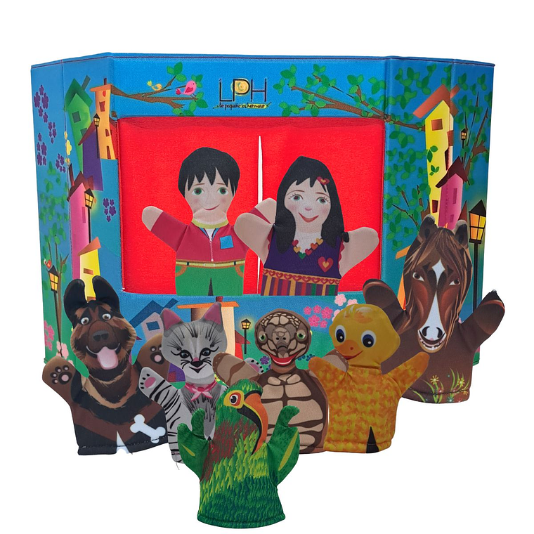 Mini teatro Ciudad con títeres dedo de Animalitos Domésticos 1