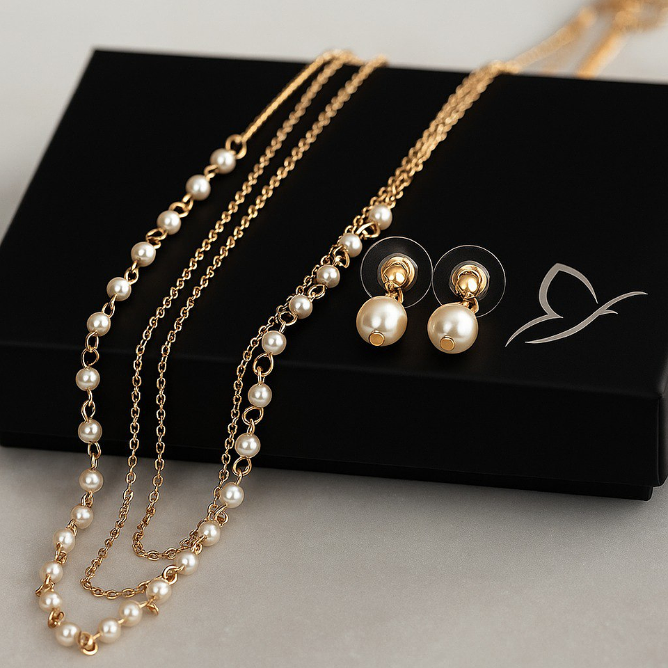 Set 3 en 1 Collar y Aretes Perla Eternas Diseño Dorado Versátil 5