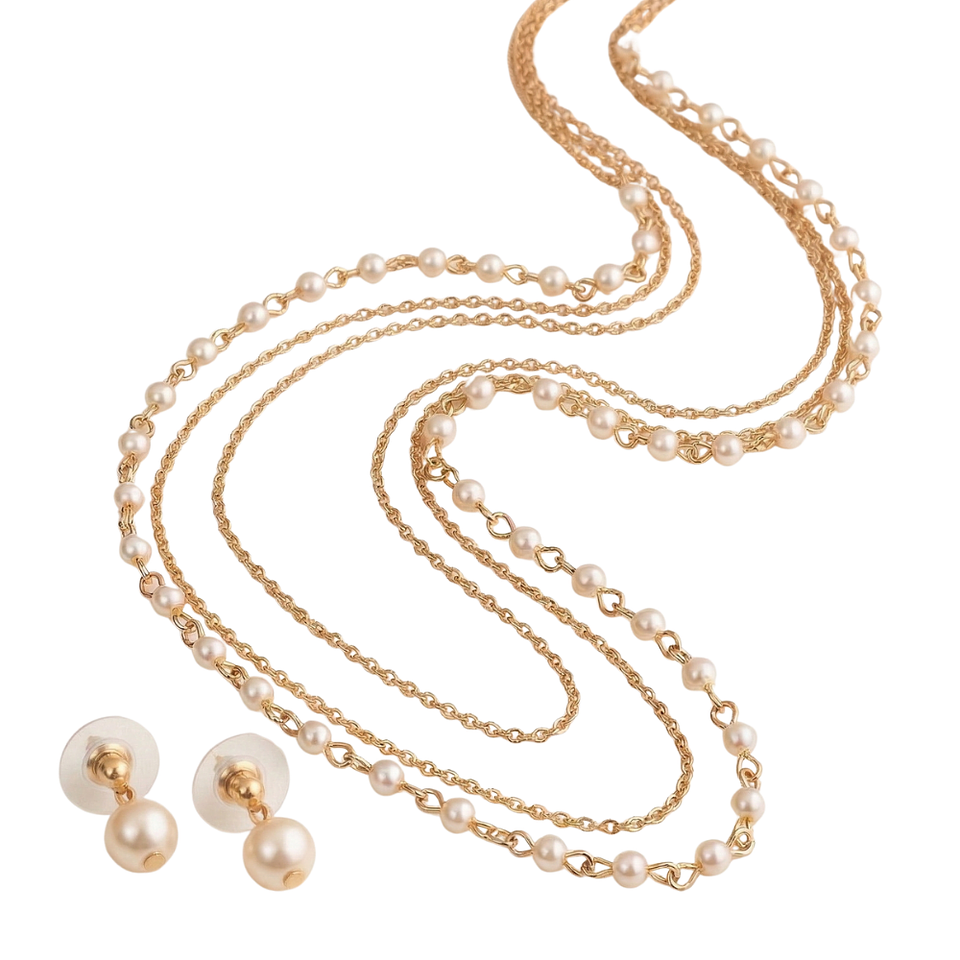 Set 3 en 1 Collar y Aretes Perla Eternas Diseño Dorado Versátil 1