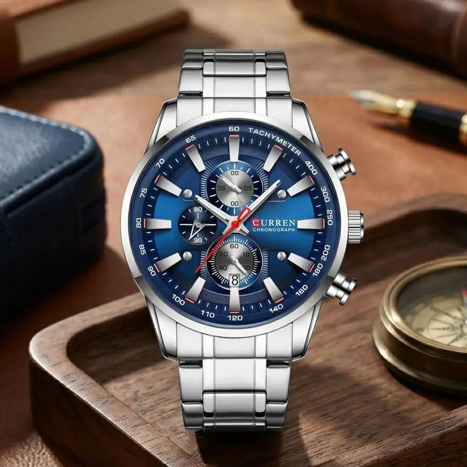 Reloj Analogo Curren KREC971903 para Hombre en Acero Color Plateado - Azul 5