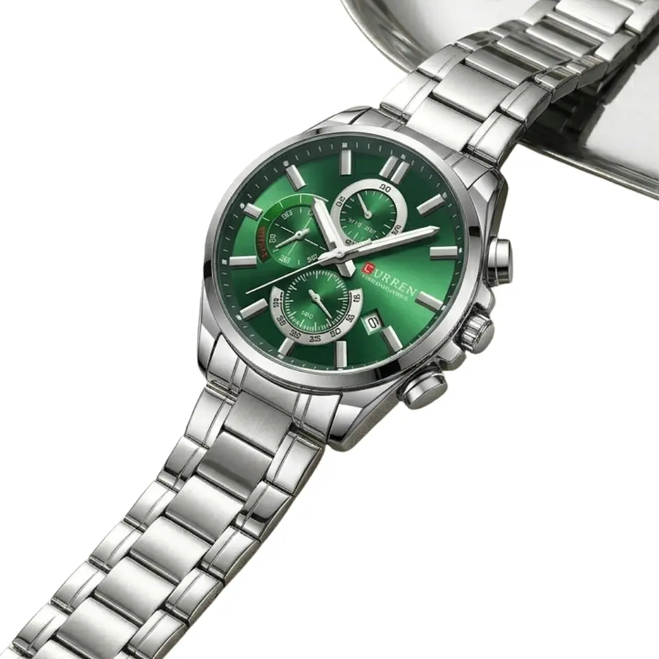 Reloj Analogo Curren KREE2902 para Hombre en Acero Color Plateado - Verde 4