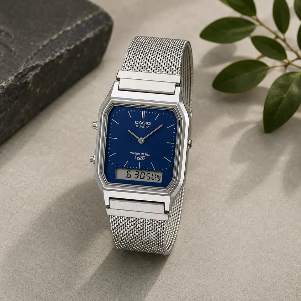 Reloj Digital - Analogo Casio AQ-230EM-2ADF Para Hombre en Acero Color Plateado 5