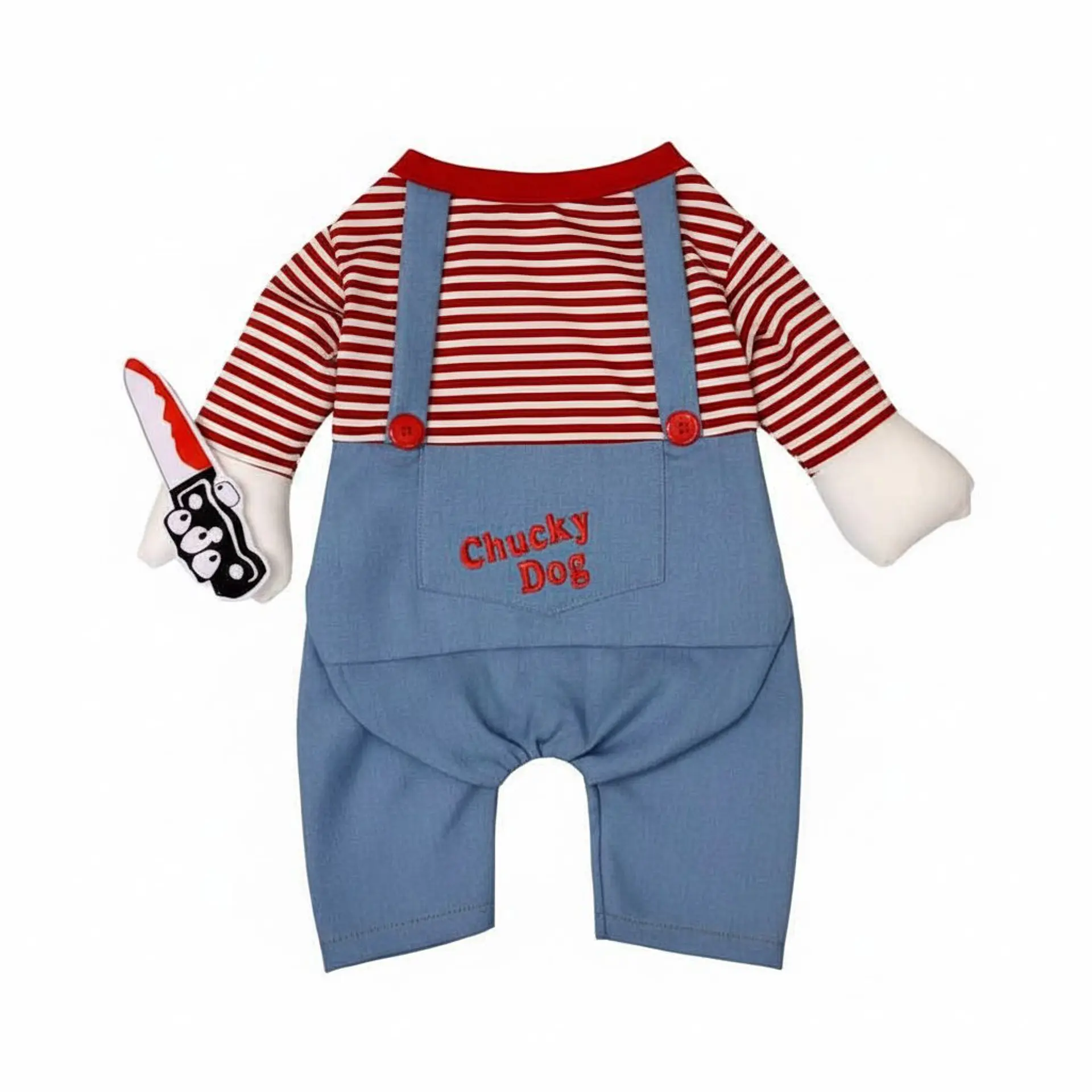 Disfraz Chucky para Perro Halloween con Brazos y Cuchillo de Peluche Talla S 4