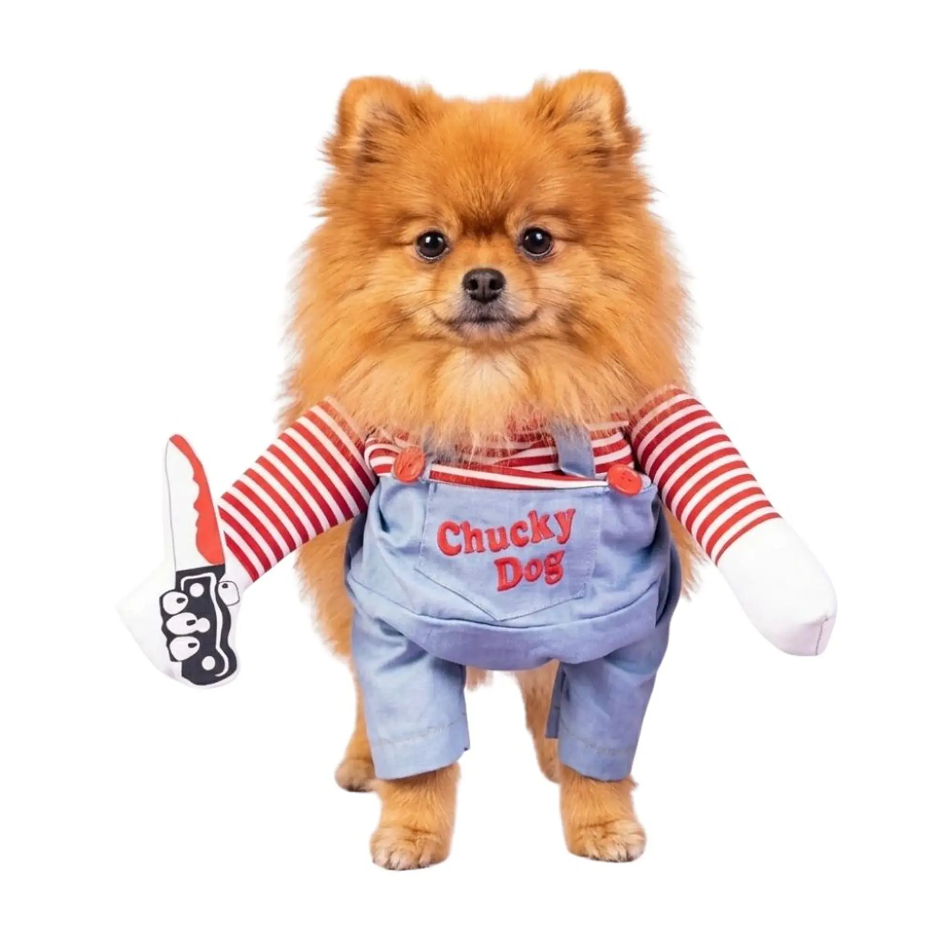 Disfraz Chucky para Perro Halloween con Brazos y Cuchillo de Peluche Talla S 1