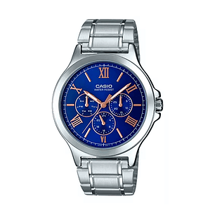 Reloj Análogo Casio Original MTP-V300D-2A Multifuncional Hombre Color Plateado-Azul