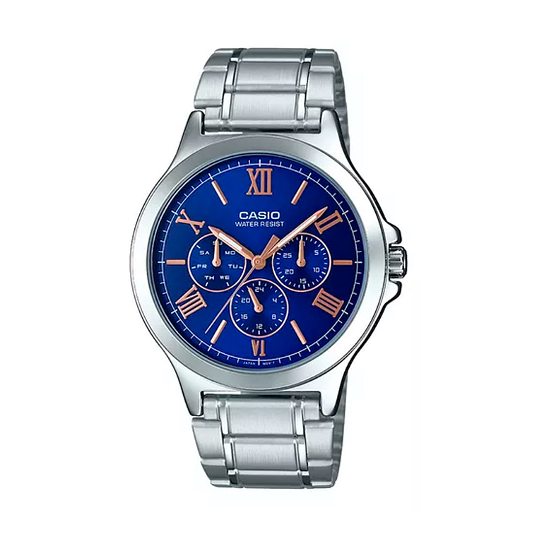 Reloj Análogo Casio Original MTP-V300D-2A Multifuncional Hombre Color Plateado-Azul 1