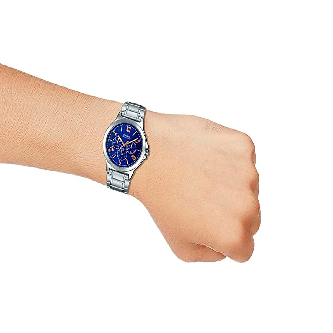 Reloj Análogo Casio Original MTP-V300D-2A Multifuncional Hombre Color Plateado-Azul 5