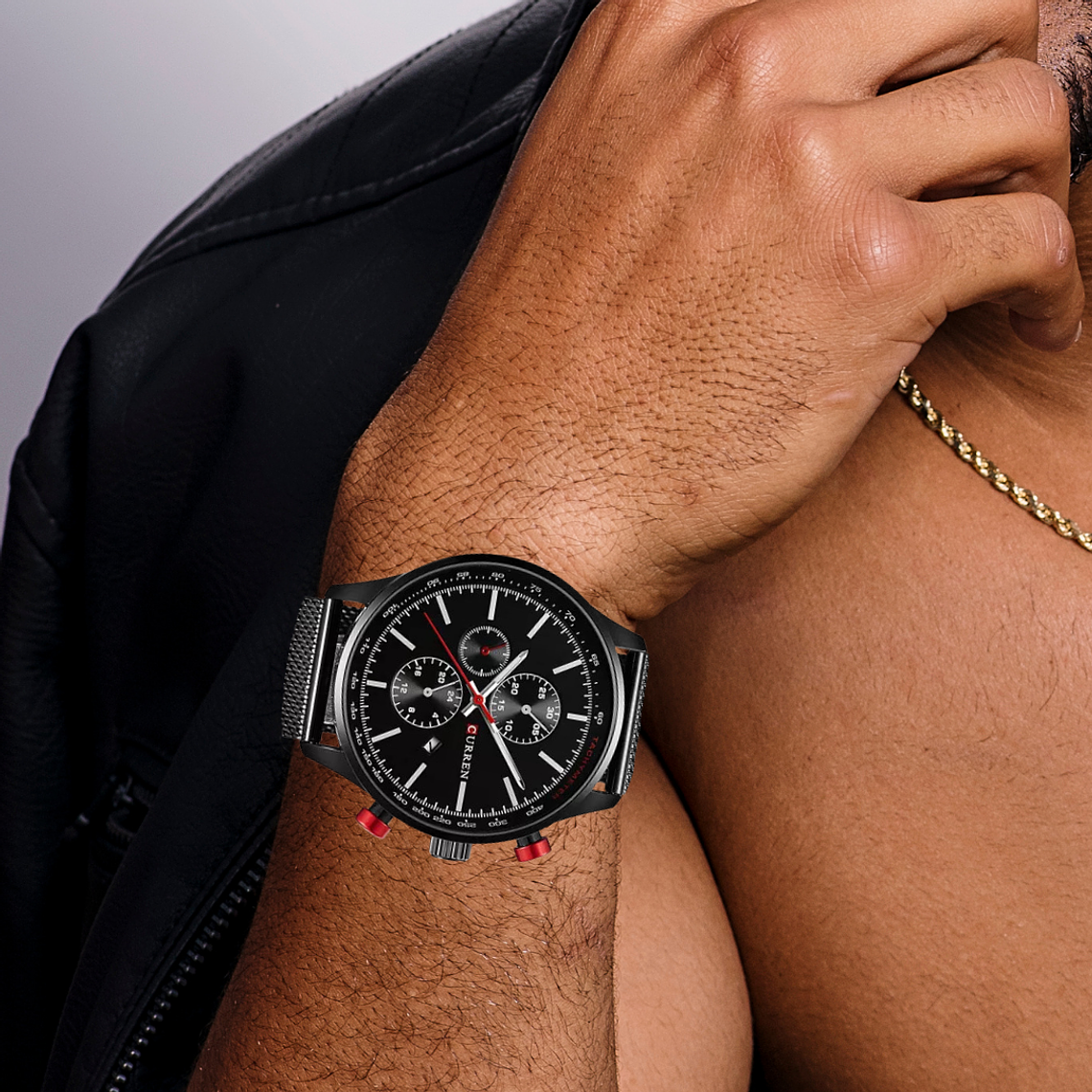Reloj Análogo Curren Original KREa7801GA para Hombre Acero Color Negro y Rojo 4