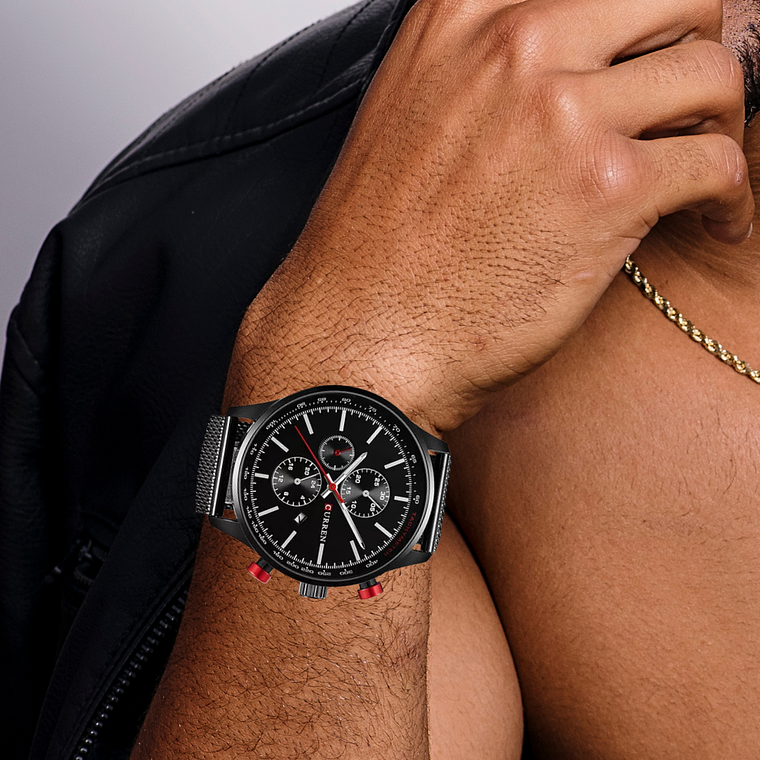 Reloj Análogo Curren Original KREa7801GA para Hombre Acero Color Negro y Rojo 4