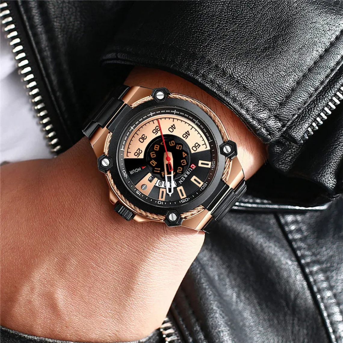 Reloj Análogo Curren Original KREc902001 para Hombre Acero Color Negro y Bronce 3