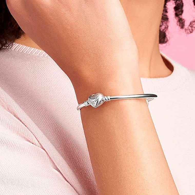 Pulsera Brazalete Liso Pandora Cierre de Corazon Plateado logo Pandora 586268 Plata 925 Talla 18cm 5