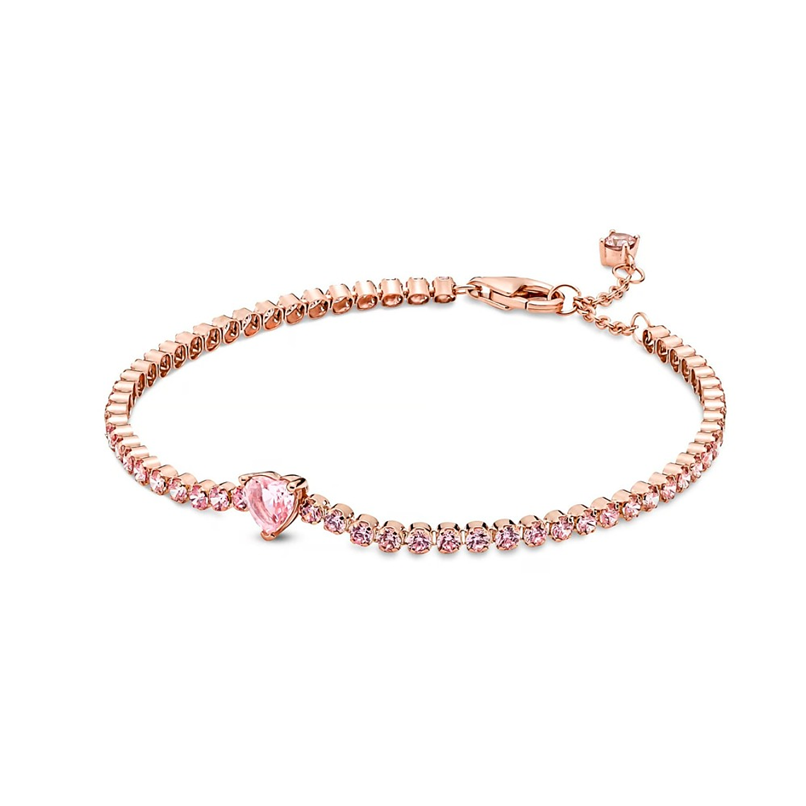 Pulsera Brazalete Pandora Tenis con Corazón Brillante 580041C01 en Oro Rosa 14K Plata 925 Talla 18cm 1
