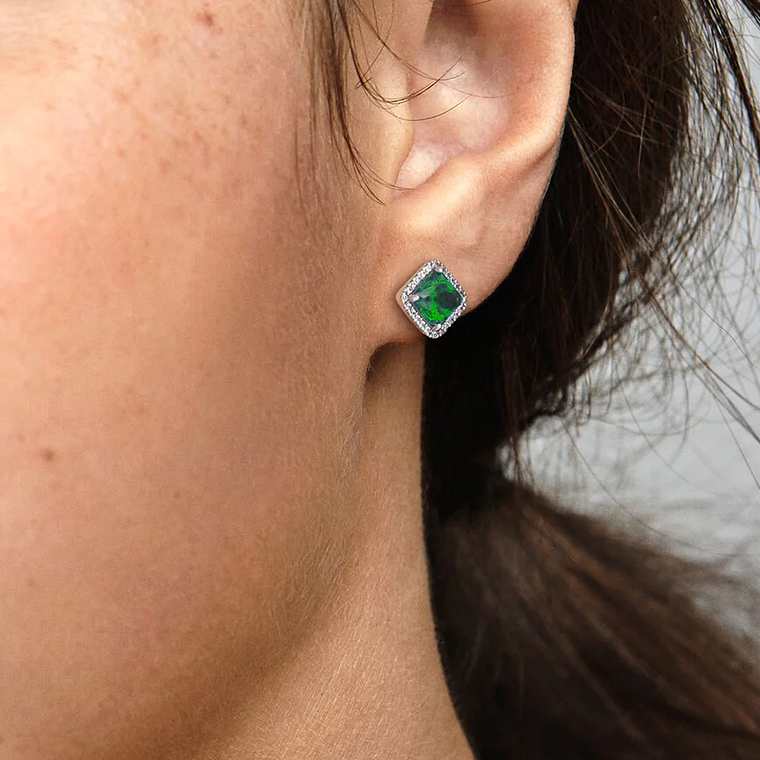 Aretes Pendientes Pandora Cuadrados con Esmeralda Verde 290591NRG Plata 925 4