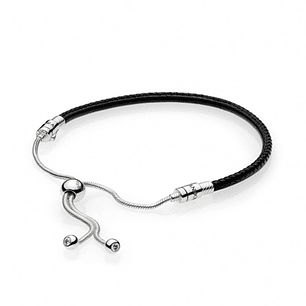 Pulsera Brazalete Pandora en Cuero Negro y Cierre Ajustable Plateado 597225CBK Plata 925 Talla 18cm