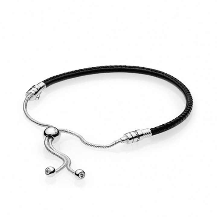 Pulsera Brazalete Pandora en Cuero Negro y Cierre Ajustable Plateado 597225CBK Plata 925 Talla 18cm 1