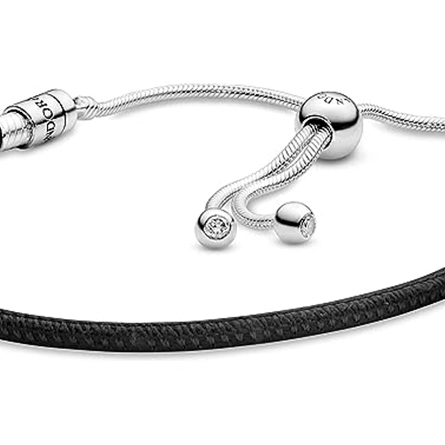 Pulsera Brazalete Pandora en Cuero Negro y Cierre Ajustable Plateado 597225CBK Plata 925 Talla 18cm 4