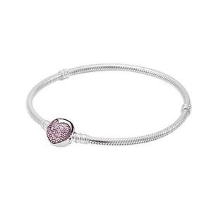 Pulsera Brazalete Pandora Cadena de Serpiente con Cierre de Corazon Rosa 590743PCZ Plata 925 Talla 18cm