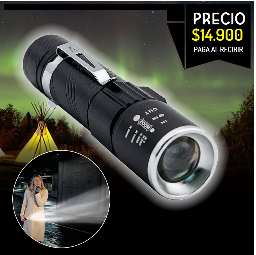 Linterna LED recargable USB resistente al agua con zoom hasta 150mts de  alcanza ideal para vigilancia, camping hasta 150mts de alcance
