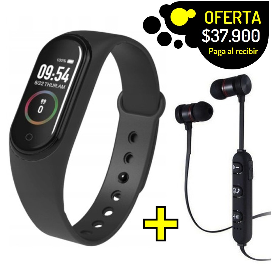 COMBO Audifonos deportivos magneticos bluetooth + smartband manilla inteligente smartwatch M4 notificaciones y estados de salud