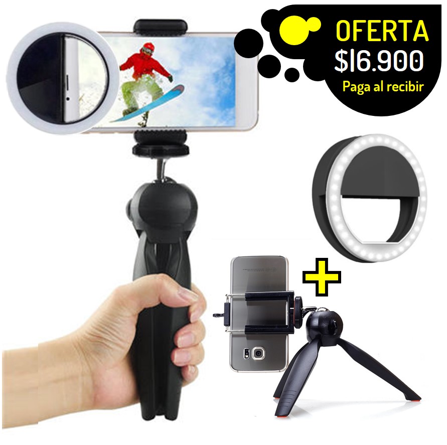 COMBO tripode ajustable para camaras y celulares mas aro selfie 3 niveles  de luz recargable