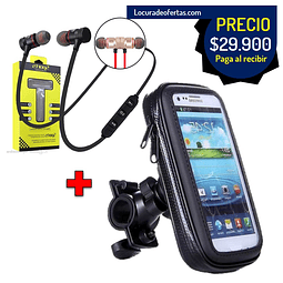 COMBO mensajeria estuche para celular holder moto viajero + audifonos manos libres bluetooth deportivos recargables