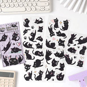 Set de 6 hojas de Stickers Gatos Negros 