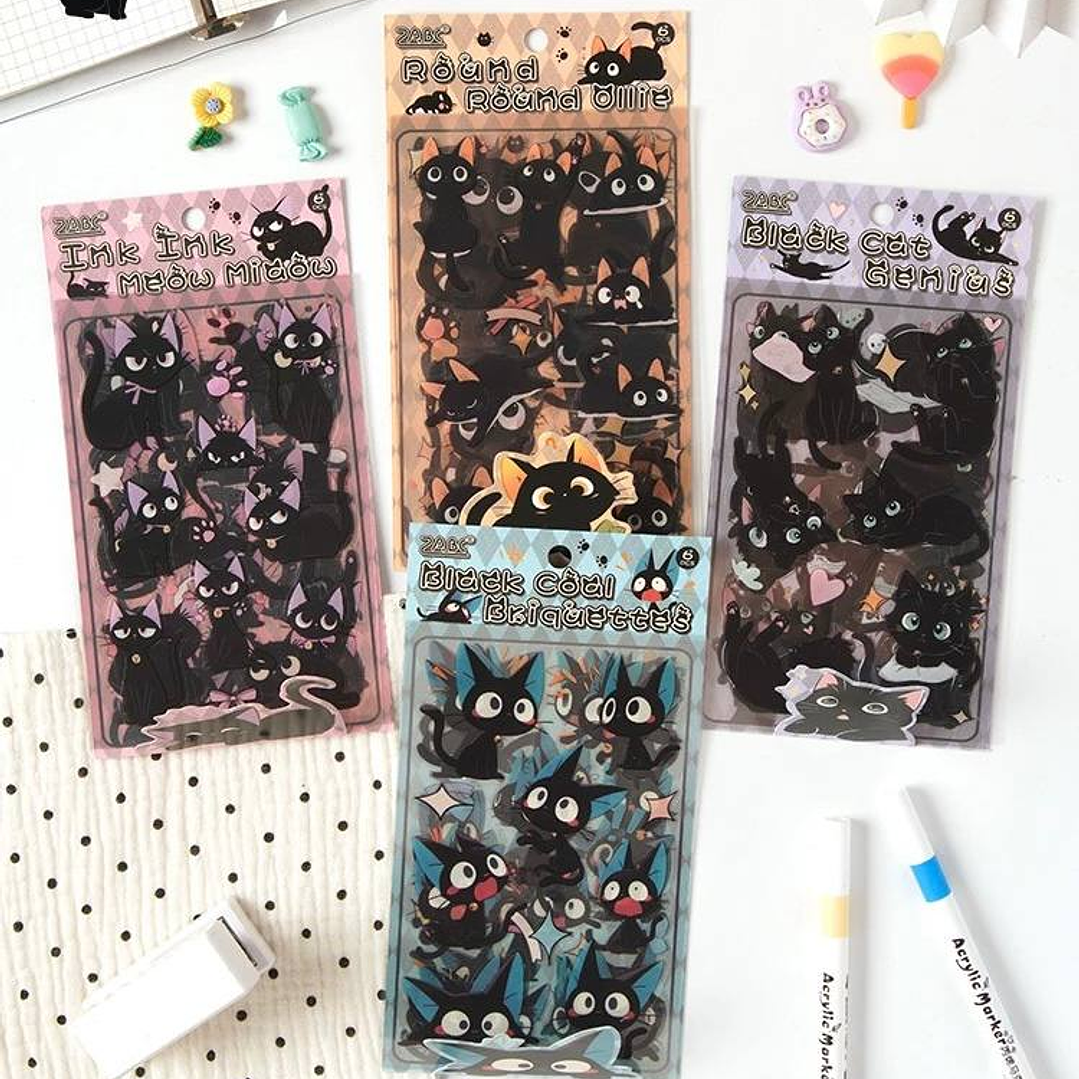 Set de 6 hojas de Stickers Gatos Negros  2